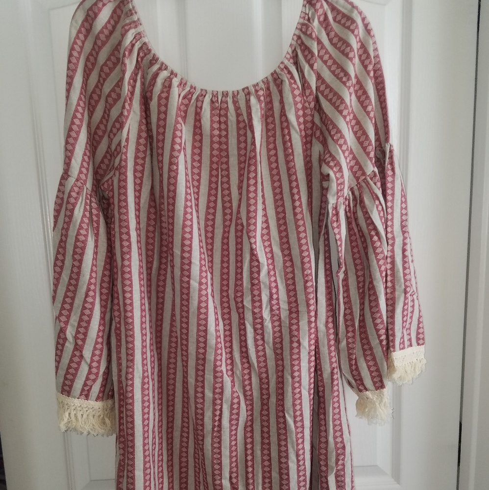 Off shoulder red stripe dress with fringe detail
